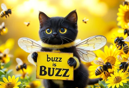 photorealistic 
a cute kitten with black fur, kitten is wearing a bee costume with bee wings,(((bees holding a sign that says "Buzz Buzz"))), sign thay says "Buzz Buzz", smile, yellow lightning, blue lightning 
1cat
highly detailed, aesthetic, great lighting, extremely detailed, award winning, perfect composition, a rich and complex image of nature, a vibrant tissue of hues and textures captured digitally, best quality, realistic, captivating, intricately detailed, hyper detailed, maximalist style, photorealist, sharp focus, dynamic lighting, superb composition, finest details, highest aesthetics, best quality, sharp focus, high contrast, stylized, clear, colorful, ultra quality, 8k, best quality, masterpiece,midjourneyv6.1
AP, no humans, animal focus, cat ,looking at viewer, animal,