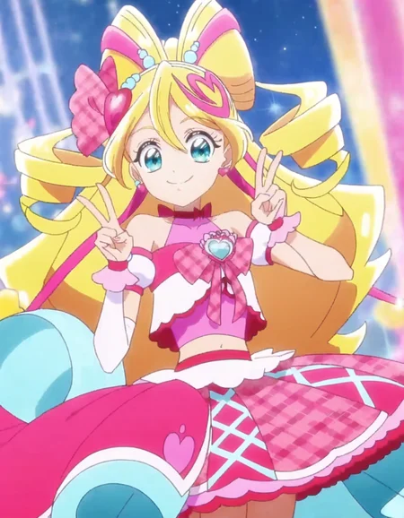 score_9, score_8_up, score_7_up,source anime,absurdres,solo,1girl, anime screencap,cureidol, pink skirt, smile, skirt, jewelry, earrings, navel, looking at viewer, pink bow, midriff, magical girl, bow, heart, plaid, hair ornament, idol ,cowboy shotãpeace sign<lora:cureidol_pony:0.8>