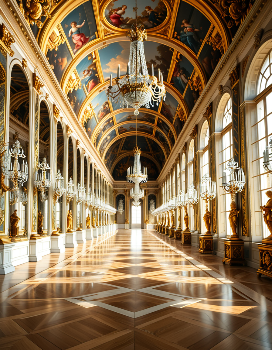 A breathtaking, photorealistic depiction of the Hall of Mirrors (Galerie des Glaces) at the Palace of Versailles in France, captured in golden afternoon light. The hall is grand and opulent, with a high arched ceiling painted with intricate Baroque frescoes. The walls are lined with tall arched mirrors on one side and large arched windows on the opposite side, flooding the space with natural light. Elegant crystal chandeliers hang from the ceiling, reflecting in the mirrors and sparkling with golden highlights. The marble floors are polished and gleaming, with rich, warm tones. Gilded statues and decorative elements frame the mirrors and doorways. The image style is ultra-detailed and photorealistic, with sharp textures and soft, warm lighting creating a majestic, timeless atmosphere. No people present, only the serene magnificence of the empty hall. Camera angle at eye level, centered down the hall, capturing the full length and symmetry of the space.
<lora:SDXLFaeTastic2400:0.4> <lora:extremely_detailed:0.4> extremely detailed,<lora:Hall_of_M1rr0rs:1>,Hall of M1rr0rs, Masterpiece,best quality,hi res,8k,hi res,8k,award winning,(sharp focus, intricate, highly detailed),