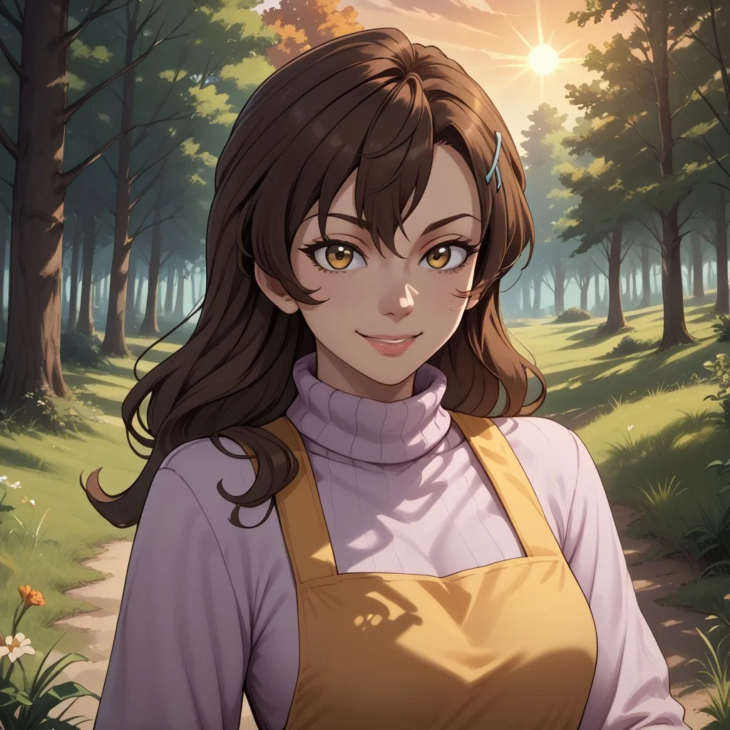 score_9, score_8, BREAK, inuyama_junko,brown hair, long hair,1mole under mouth, hair ornament,hairclip,purple turtleneck sweater,blue pants, yellow apron, sexy pose, self portrait, smile, outdoors, sunlight, shadows, evening lighting, natural lighting, forest, trees, grass, orange sky, sunset
