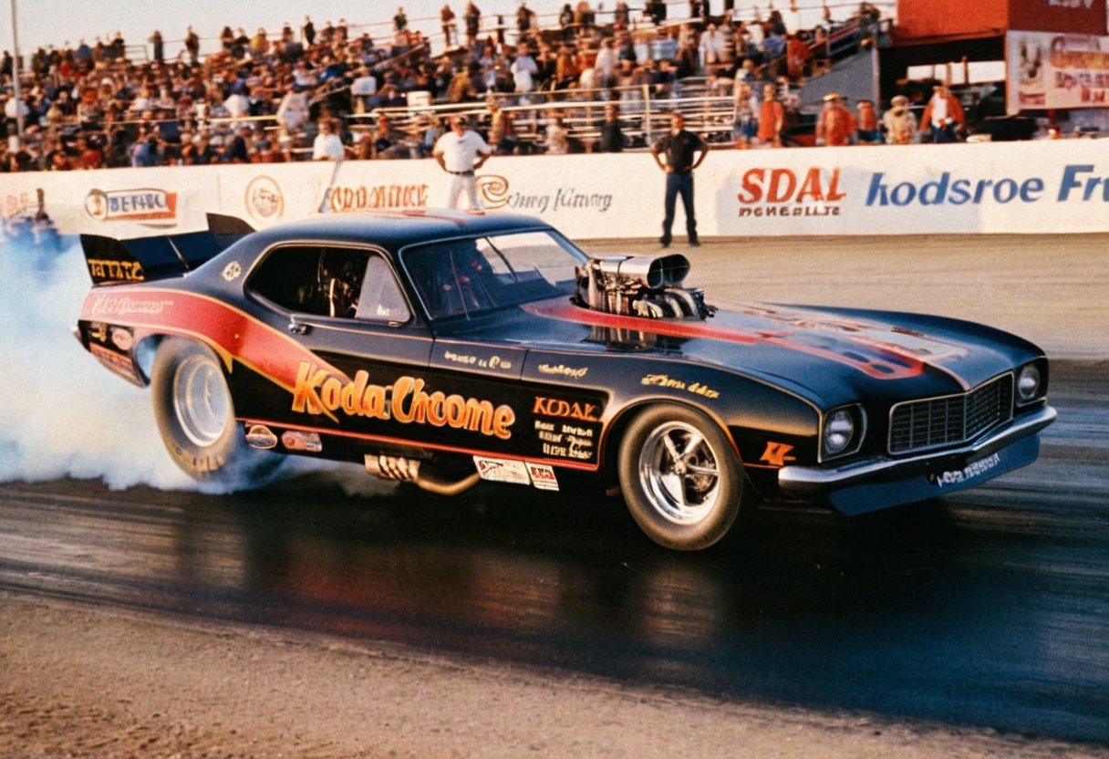 VintageMuscleCar, dragster, side view, race track, smoke trail, people, outdoors, 4K, highly detailed, (stylish grainy analog film photo 35mm vintage Kodachrome "SDXL")