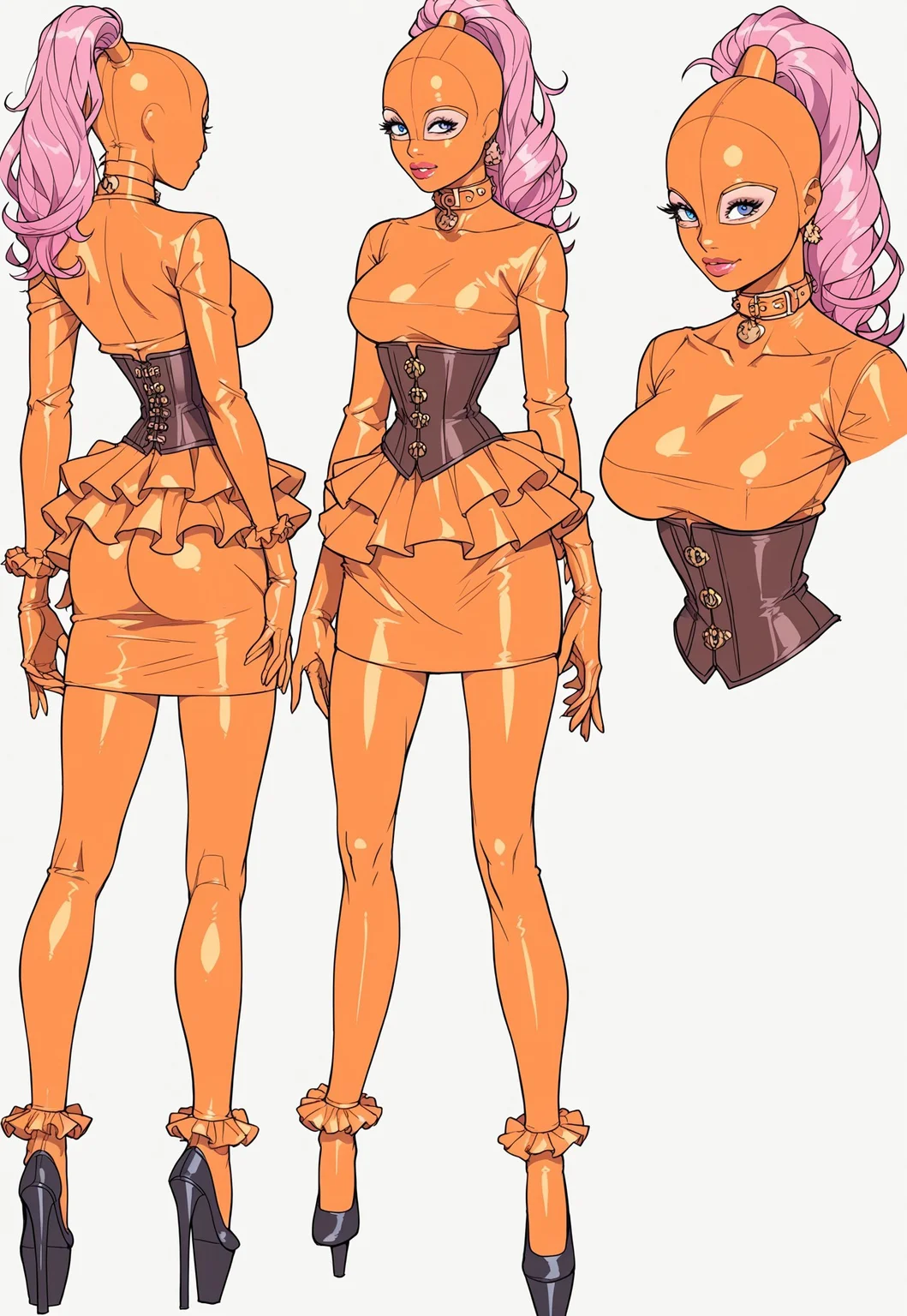 safe_pos, score_9, score_8_up, score_7_up, source_anime, masterpiece, dmitrys, <lora:ballet-boots_v0009-000030:1.0> <lora:latexHoodPonyV3:0.75> <lora:add-detail-xl:0.7> <lora:Expressive_H:0.25><lora:Dmitrys_Style_v2_PonyXL:0.5> <lora:Dynamic_Character_Model_Sheet:1>BREAK, 1girl, narrow waist, round breasts, ruffled gloves, eye shadow, (ballet-boots:1.1), orange (ruffled:1.1) ankle socks, orange (ruffled:1.1) collar, neon colored latex (bridesmaid dress:1.1), (extreme short skirt:1.3), exposed ass, 'CUCK' written across chest, orange colored corset, (full latexHood:1.5), ponytail, pink hair, orange (mary janes:1.1), BREAK dynamic character design, female focus, (portrait:1.1), (headshot:1.1), random views, multiple views