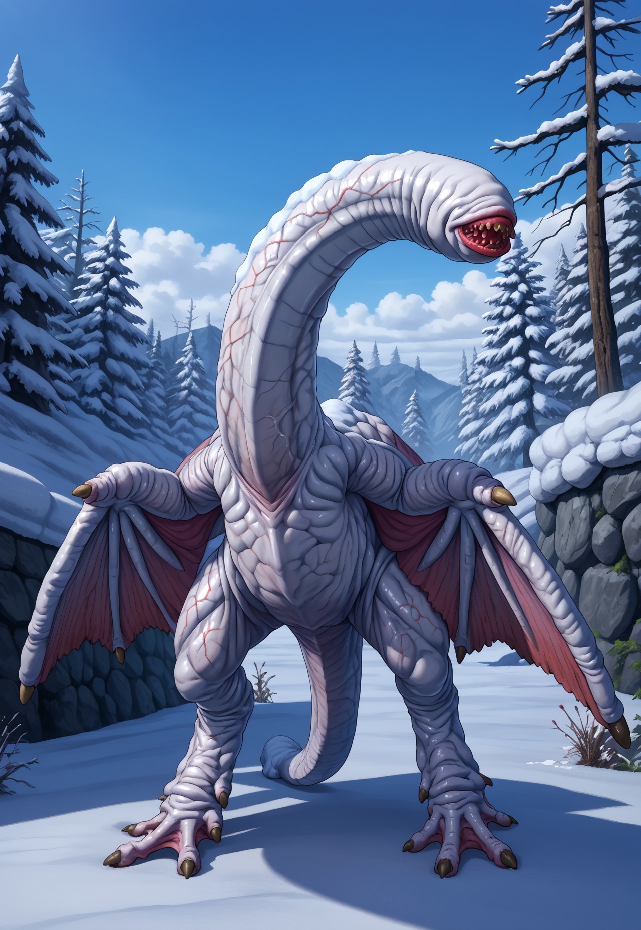 khezu,1other, monster, solo, wings, tail, long neck, veins, veiny skin, snow tundra, daylight, no eyes