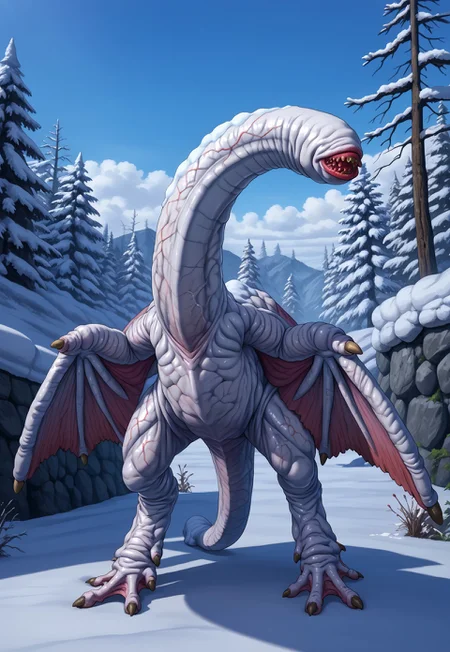 khezu,1other, monster, solo, wings, tail, long neck, veins, veiny skin, snow tundra, daylight, no eyes