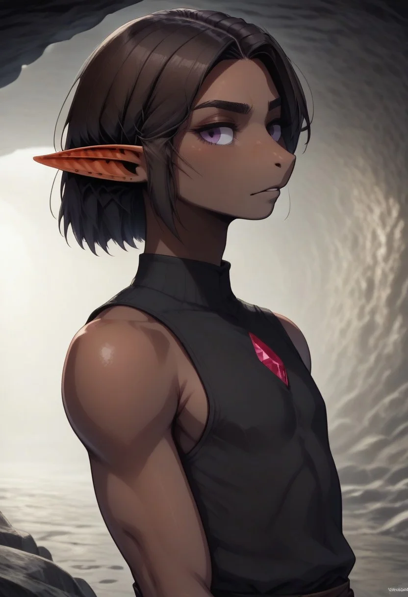 Repeta, 1 person, snout nose, solo, pointy ears, violet eyes, dark skin, dark brown hair, chin-length hair, parted hair, black sleeveless top,
((jewel on arm)):1.2,
organic cavern background,
Medieval style,
Bordered by rock walls, side view,
Smooth colors, highly detailed face, clean lines, high quality, best quality, masterpiece, score: 9, score: 8 up, rating: safe, source: semi-realistic,