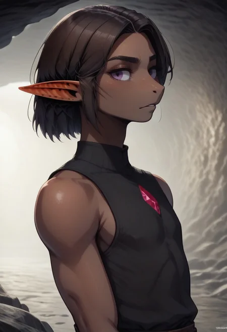 Repeta, 1 person, snout nose, solo, pointy ears, violet eyes, dark skin, dark brown hair, chin-length hair, parted hair, black sleeveless top,
((jewel on arm)):1.2,
organic cavern background,
Medieval style,
Bordered by rock walls, side view,
Smooth colors, highly detailed face, clean lines, high quality, best quality, masterpiece, score: 9, score: 8 up, rating: safe, source: semi-realistic,