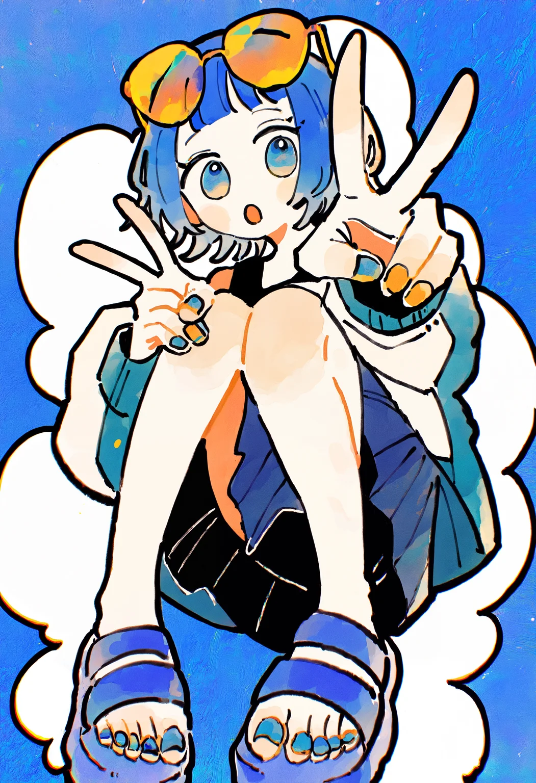 masterpiece, absurdres, newest, very awa, chromatic aberration, 1girl, solo, blue hair, short hair, short bangs, off-shoulder jacket, white jacket, closed jacket, blue jacket, blue sandals, blue skirt, pleated skirt, sunglasses, eyewear on head, reaching towards viewer, v, floating, knees to chest, looking at viewer, :o, three quarter view, blue background, <lora:spo_sdxl_10ep_4k-data_lora_webui>, <lora:TA_trained:0.35>, <lora:NOOB_EPSv1_1_detailer_by_vlnvk_v0_5>, <lora:omoguuu:0.8>