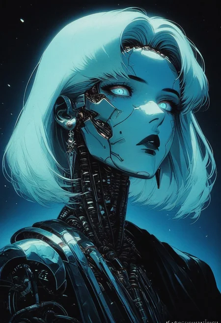 score_9, score_8_up, score_7_up, (unreal engine 5, unreal engine 3d scene), HD, details, high quality, rendered face, source_anime, good_hands. hourglass figure, perfect body,
score_9_up, score_8_up, score_7_up,source_anime, Chromecore,,highly detailed, sharp, masterpiece, intricate details, a sexy robot girl, simple background, dark and blue background, vibrant colors, colorful, metal skin, expressionless, serious, chromecore, bright, dark vibes, dark fantas, armor, monochrome, colored skin, gradient
BREAK
medium hair, earrings, cloak ,cape, jewelry, blue shorts, boots,
BREAK
soft skin, soft skin, shining glossy skin, soft abs, slim waist, (slender body),
Expressiveh, (volumetric lighting:1.2), cinematic, cinematic lighting, reflections, ultra hd, visual effects, graphic effects,
ambient occlusion, raytracing, soft lighting, realistic, blum effect, masterpiece, absolutely eye-catching, particles, glow, shining, intricate cinematic background, (beautiful face),
BREAK
(score_9, score_8_up, score_7_up), (Masterpiece), (expressive eyes), 1girl, Automaton, colored skin, (white_skin:2.0), (joints:2.0), white hair, blue eyes, glowing blue eyes, <lora:MGE_V5.1:0.5>
BREAK
score_9, score_8_up, score_7_up, score_6_up, score_5_up,
<lora:mitraXLP:1> mitra,
<lora:Kenva:1.0> knva, halftone effect,
