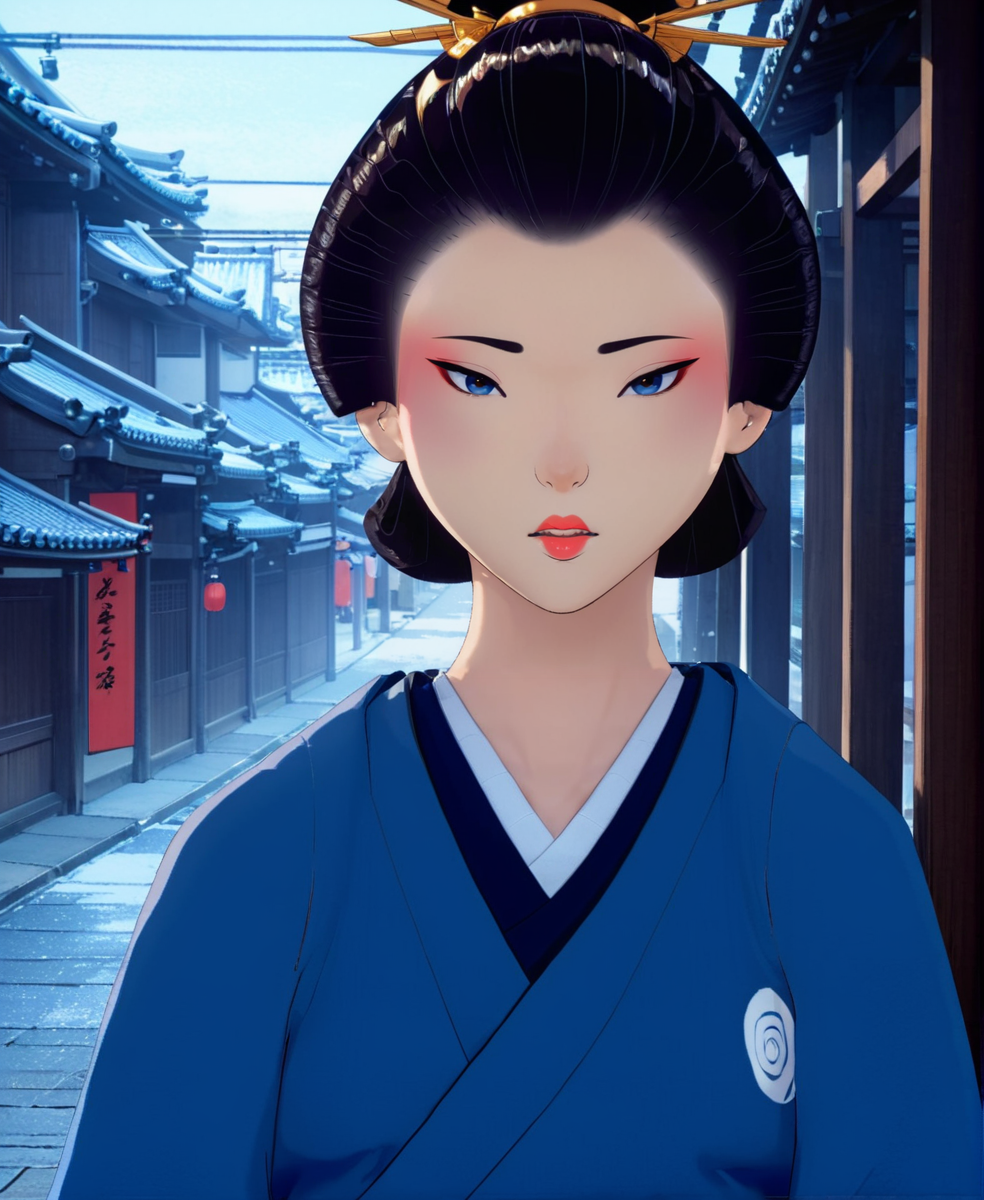 full color drawing  of  Akemi,makeup,clad in a blue hakama, empty street, Edo period, upper body, epic character composition,by ilya kuvshinov, manon bailly, drawing  <lora:BlueEyeSamurai:1>  <lora:xl_more_art-full_v1:0.7>