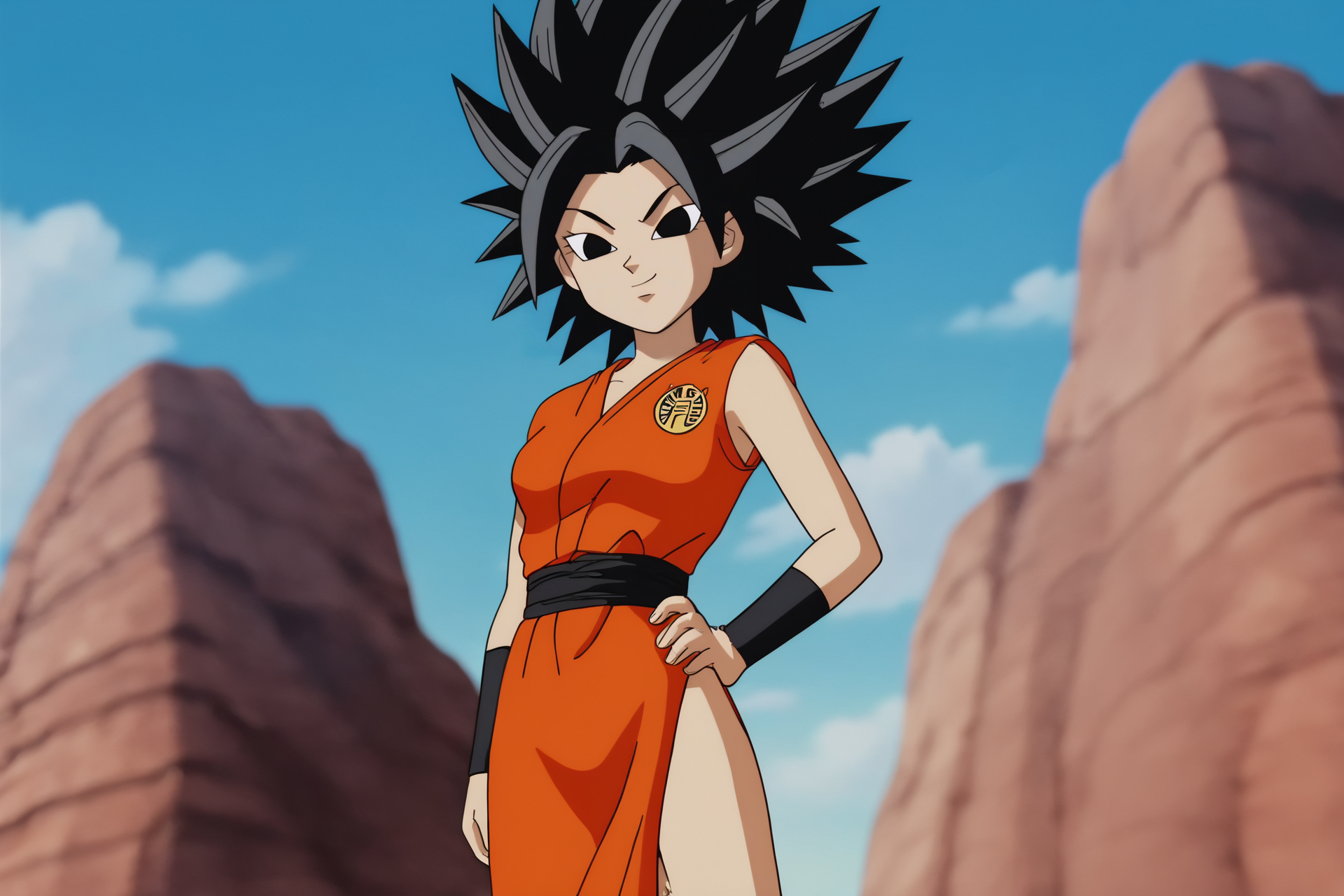 source_anime, score_9, score_8_up, score_7_up, anime screencap,8k, absurd res,
caulifla, black hair, black eyes, spiked hair, official style, 
dougi, symbol, clothes writing, pelvic curtain, print topwear, black sash, bracer, orange bottomwear, v-shaped eyebrows, v-shaped eyes, orange topwear,  cowboy shot, 
from below, looking at viewer, blue sky, 
<lora:caulifla_pony_v2:0.8>