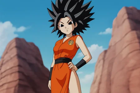 source_anime, score_9, score_8_up, score_7_up, anime screencap,8k, absurd res,
caulifla, black hair, black eyes, spiked hair, official style,
dougi, symbol, clothes writing, pelvic curtain, print topwear, black sash, bracer, orange bottomwear, v-shaped eyebrows, v-shaped eyes, orange topwear, cowboy shot,
from below, looking at viewer, blue sky,
<lora:caulifla_pony_v2:0.8>