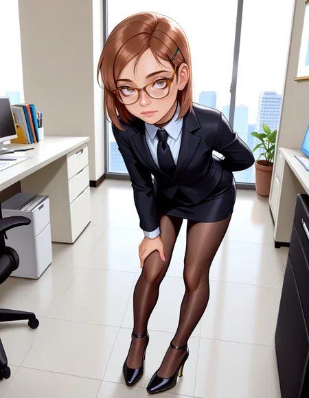 masterpiece, best quality, very aesthetic, absurdres,
indoors, office, 
full body, long eyelashes,
<lora:Megan_v01_NAIXL-000012:1>,
M364n,1girl,brown hair,short hair,hairclip,glasses,brown eyes,freckles,office lady,necktie,suit,pencil skirt,brown pantyhose,high heels,