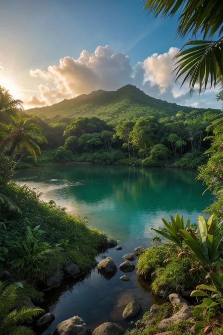 RAW photo, carribean island, delicate jungle grove, wild nature, picturesque scenery, enchanting sunrays, beautiful sky, majestic landscape, pristine vegetation, desolate atmosphere, morning island glade, jungle lake, photorealistic, masterpiece, 64k, UHD, ultra detailed, vivid colors, high quality, sharp focus