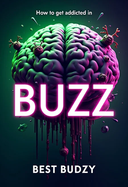 The phrase “How to get addicted in BUZZ”, written in neon lights, with a bloody brain (in green and purple) behind in the background, holographic effects, text focus. There are some creatures living in the brain, they look like minions, in blood format, coming from glitchs and gaps of the sick bloody brain. Its artistic, not disgusting. It is a book cover, best seller.
