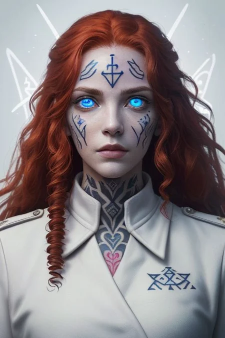 bright red hair, human female, (feminine:1.7), (beautiful face, detailed face:1.6), (beautiful eyes, detailed eyes:1.7), (looking at viewer, eye contact, intense:1.6), (long hair, red hair, curly hair:1.3), , ((masterpiece, best quality, high resolution, realistic, best quality,)), photo realistic, Perfect Face, (detailed face). <lora:GoodHands-vanilla:0.6> <lora:add-detail-xl:0.8>, mage, (Dress White military uniform coat), dagger, rune dagger, glowing runes, , (((glowing magic symbols tattoos, religious tattoos))), ((face tattoos)), glowing tattoos, stone tower in the background