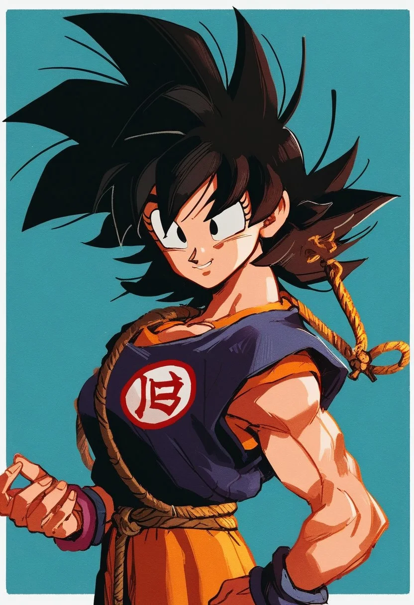 safe_pos, PonyScores7, score_9, score_8_up, score_7_up, Score_6_up, Score_5_up, Score_4_up, source_anime, hi res, masterpiece, best quality, detailed, amazing quality, detailed background, detailed eyes, clean eyes, best quality, highres, Relio_PS, 1girl, female focus, female son goku, black eyes, dougi, spiked hair, black hair, wristband, smile, blue background, upper body, breast, simple background, clothes writing, looking away, looking to the side, sexy female, closed mouth, border, arms at sides, fingernails, long eyelashes