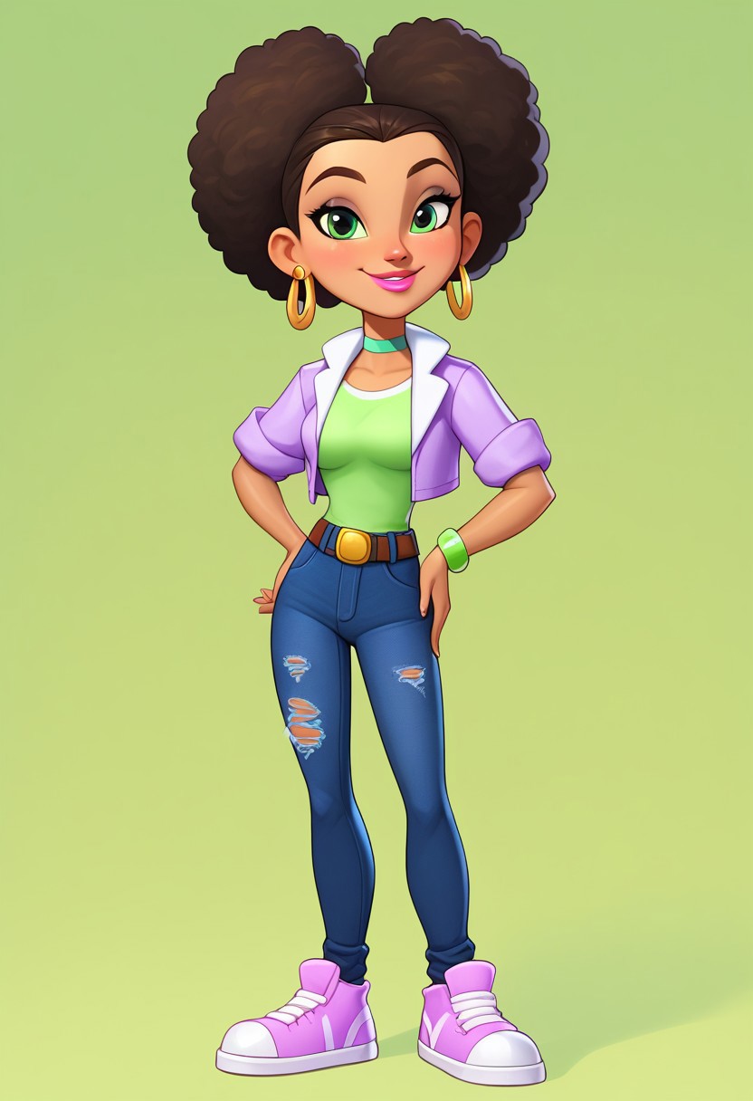 score_9, score_8_up, score_7_up, mercasg, BREAK 1girl, woman, young, solo, smile, medium breasts, thin, BREAK (light green eye shadow:1.5), pink lips, BREAK ((dark green eyes:1.5)), Afro hairstyle, dark brown hair, gold earrings rings on the left ear:1.2, (light green choker around the neck), ((purple cropped jacket with white lapel)), rolled up sleeves to the elbows, BREAK ((light green T-shirt:1.5)), dark purple cropped jeans with a torn bottom, pink sneakers with yellow stripes and white laces, BREAK right hand on hip, left hand down:0.8, standing, (full body), semi-sideways, half-sideways, BREAK green blurred background