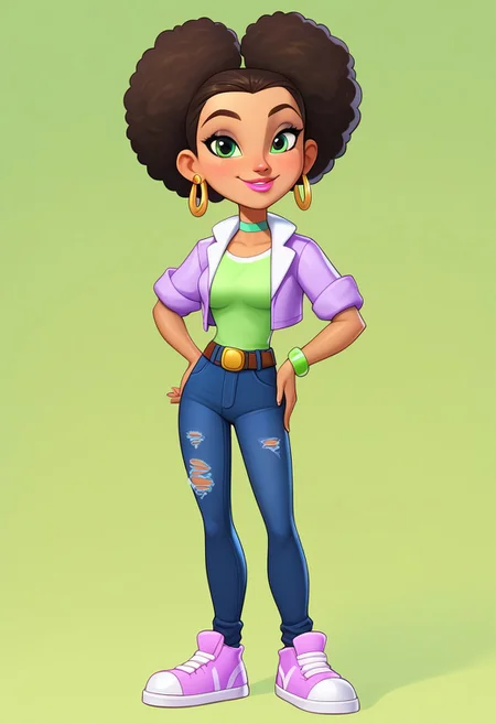 score_9, score_8_up, score_7_up, mercasg, BREAK 1girl, woman, young, solo, smile, medium breasts, thin, BREAK (light green eye shadow:1.5), pink lips, BREAK ((dark green eyes:1.5)), Afro hairstyle, dark brown hair, gold earrings rings on the left ear:1.2, (light green choker around the neck), ((purple cropped jacket with white lapel)), rolled up sleeves to the elbows, BREAK ((light green T-shirt:1.5)), dark purple cropped jeans with a torn bottom, pink sneakers with yellow stripes and white laces, BREAK right hand on hip, left hand down:0.8, standing, (full body), semi-sideways, half-sideways, BREAK green blurred background