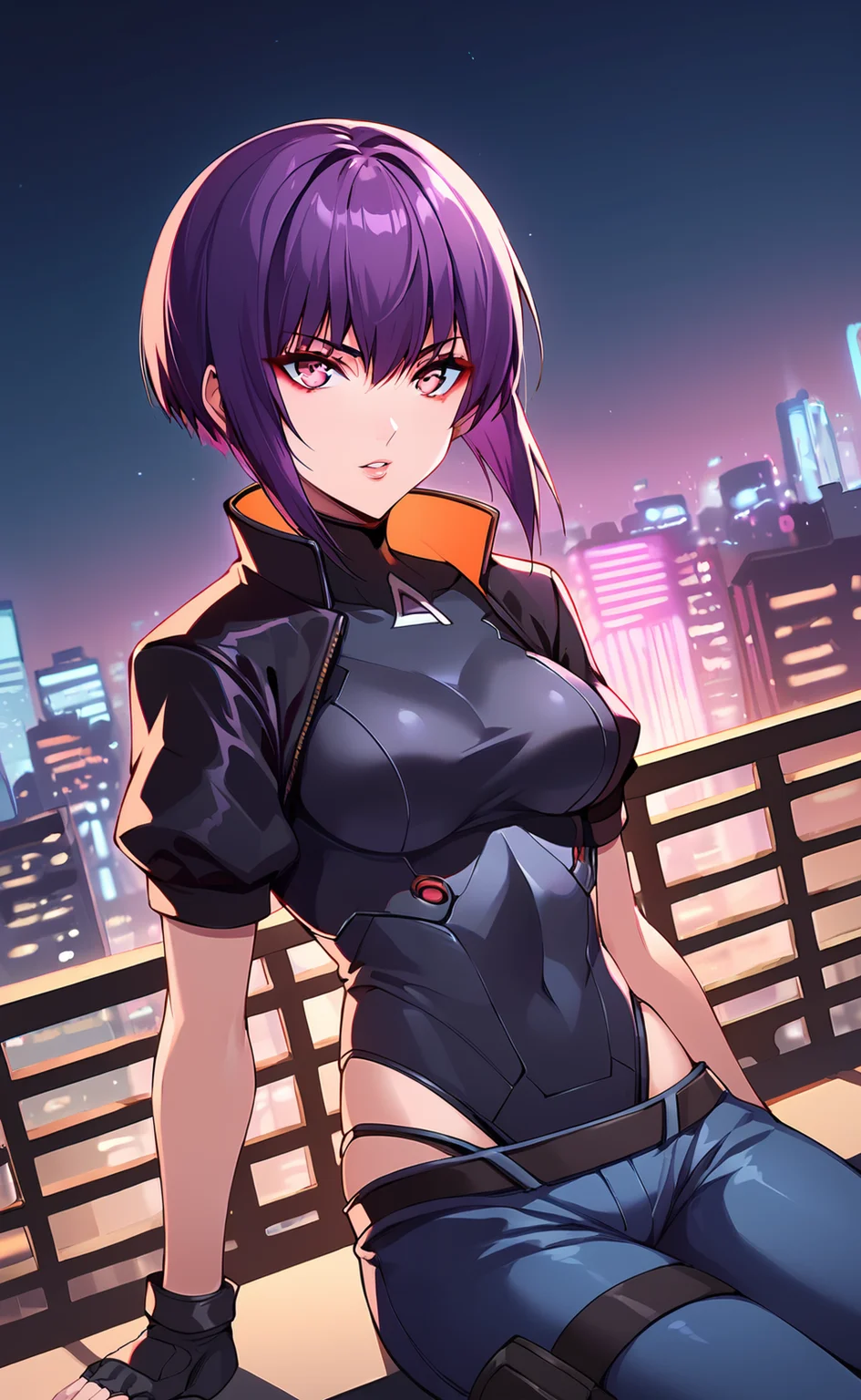 score_9, score_8_up, score_7_up, source_anime, <lora:motoko_2045:1>, motoko2045xl, purple hair, short hair, lips, cyborg, pink eyes, medium breasts, cropped jacket, black jacket, collared jacket,short sleeves, fingerless gloves, black gloves, black leotard, highleg leotard, hip vent, blue pants, belt, kusanagi motoko, cyberpunk, cityscape, neon lights, railing, beer can, sitting, dutch angle, looking at viewer, parted lips, knees up, cowboy shot,
