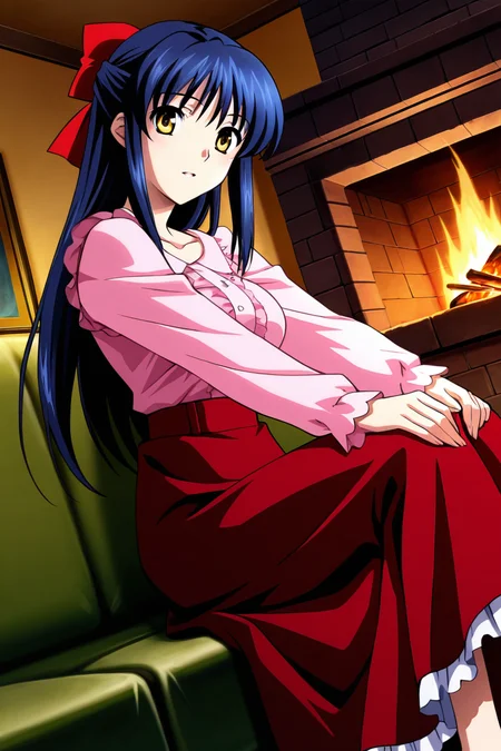 (masterpiece, best quality, game cg,highly_detailed,extremely_detailed_CG_unity_8k_wallpaper,illustration,highres,absurdres:1.2),1woman,solo,<lora:Anna_Kurashiki:1>blue hair,long hair,hair bangs,half updo,yellow eyes,red bow,hair bow,pink blouse,long sleeves,long skirt,red skirt,frills , indoors, couch, looking at viewer, sitting, crossed legts,dutch angle,open fire,chimney,living room