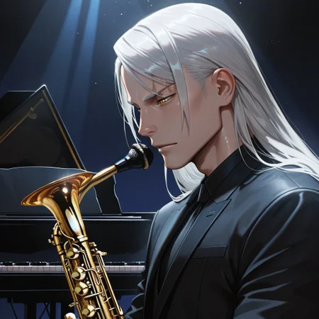 masterpiece, best quality, amazing quality, absurdres, newest, detailed background, definition so sharp, Ultra-HD, 8K cinematic, very awa, impressionate, amazing quality, highres,
solo, male focus, manly, shadow, shiny skin, mature male, extream close-up, soft coloring,
mitsuhisahachiya, mitsuhisa_grey hair, mitsuhisa_yellow eyes, 1boy, long hair, scar across eyebrow, musician, jazz, piano, saxophone, cool_demeanor, smooth_operator, stage_lights, spotlight, focused_expression, sweet_melody, nightclub, elegant_suit, dim_lighting, appreciative_audience