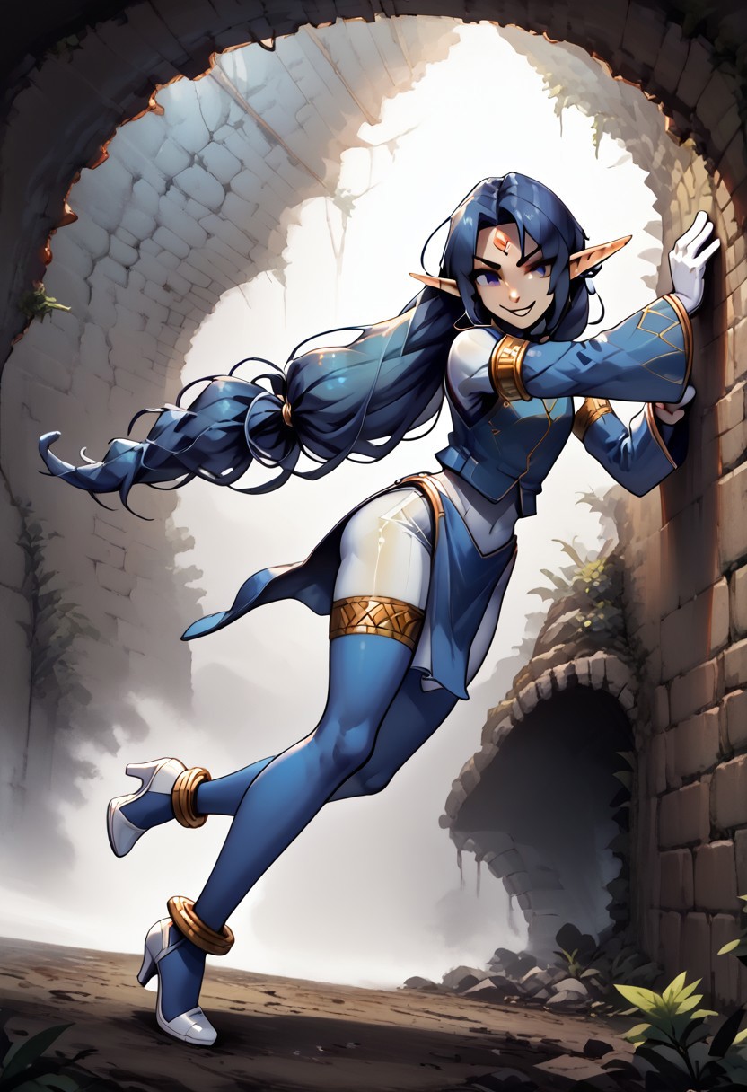4byss, Lapanya, pointy ears, ((snout nose)), flat chest, androgynous, 4 fingers, solo, leviathanbase, long hair, blue hair, bangs, red forehead gem, low twintail hair, blue eyes, blue vest, gold armlet, detached sleeves, gold bracelet, white gloves, blue thighhighs, gold thighlet, blue loincloth, anklet, high heels, white bodysuit, white sleeves,
((Sly expression, smiling, fighting stance)):1.2,
Dutch angle, detailed face, ((side view)),
Variety,
Medieval style,
((cavern background, wall hangings, organic chamber, soft light, moss on ceiling, luminous moss)), clean lines, smooth colors, sfw, source: anime, rating: pg, score: 8 up, score: 9