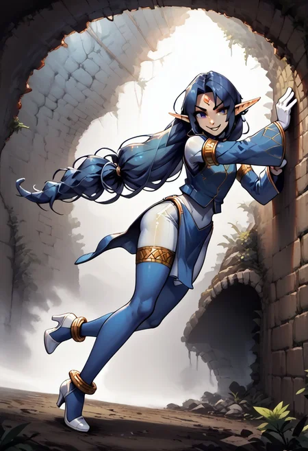 4byss, Lapanya, pointy ears, ((snout nose)), flat chest, androgynous, 4 fingers, solo, leviathanbase, long hair, blue hair, bangs, red forehead gem, low twintail hair, blue eyes, blue vest, gold armlet, detached sleeves, gold bracelet, white gloves, blue thighhighs, gold thighlet, blue loincloth, anklet, high heels, white bodysuit, white sleeves,
((Sly expression, smiling, fighting stance)):1.2,
Dutch angle, detailed face, ((side view)),
Variety,
Medieval style,
((cavern background, wall hangings, organic chamber, soft light, moss on ceiling, luminous moss)), clean lines, smooth colors, sfw, source: anime, rating: pg, score: 8 up, score: 9