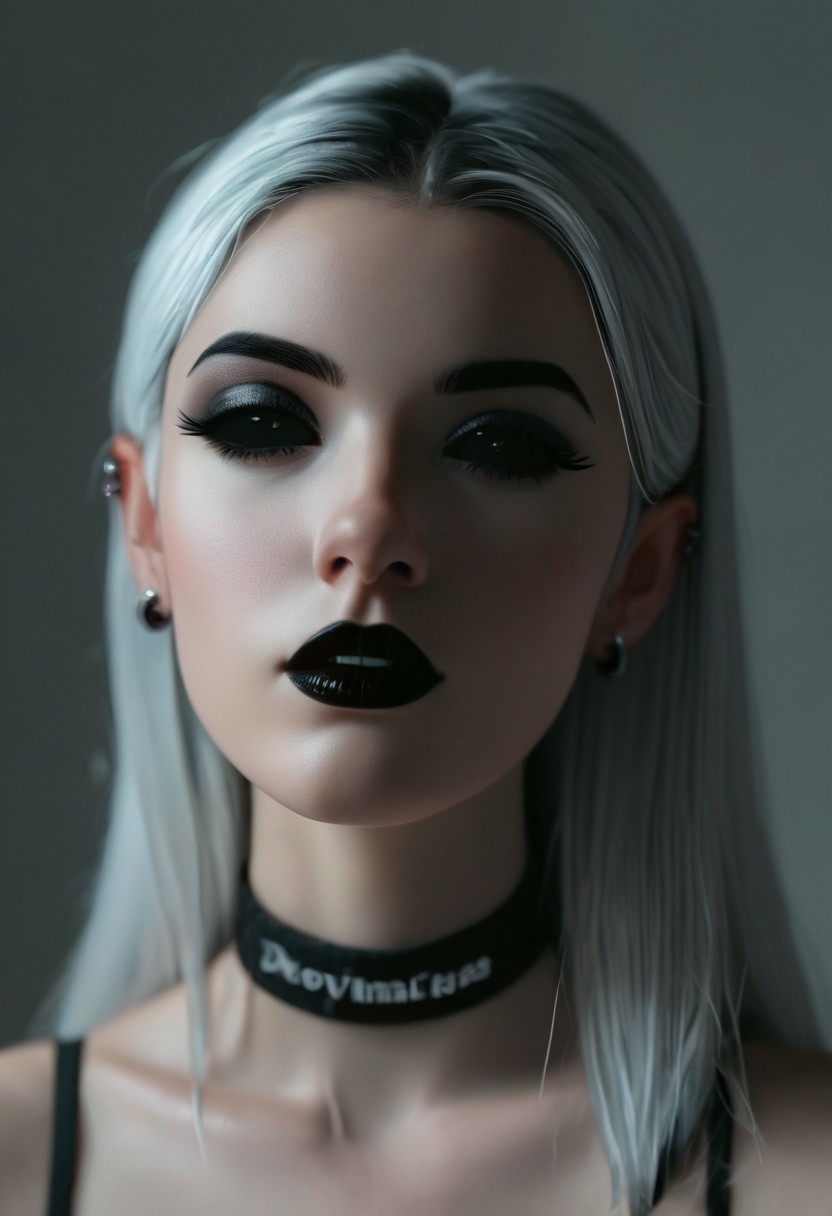 score_9, score_8_up, score_7_up, 1girl, solo, anka, goth girl,  seductive, black lipstick, choker, earrings, (((black eyes, black sclera))), large eyes,
looking at viewer, dynamic light, eyeliner, cinematic light, close up, face focus, cinematic colors