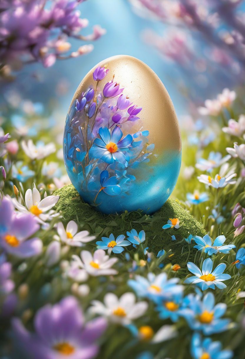 blue Easter egg embodying the concept of rebirth, cracked surface revealing emerging, pastel colors dominate the scene, backlight casting a heavenly glow, nestled in a bed of vibrant spring flowers, soft-focus background, bokeh effect, natural light, ultra-fine details, digital painting.