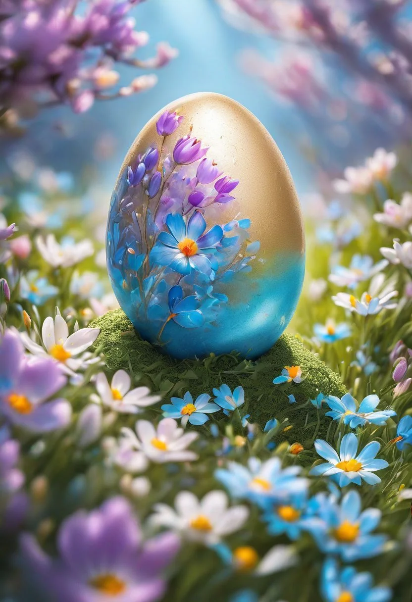 blue Easter egg embodying the concept of rebirth, cracked surface revealing emerging, pastel colors dominate the scene, backlight casting a heavenly glow, nestled in a bed of vibrant spring flowers, soft-focus background, bokeh effect, natural light, ultra-fine details, digital painting.