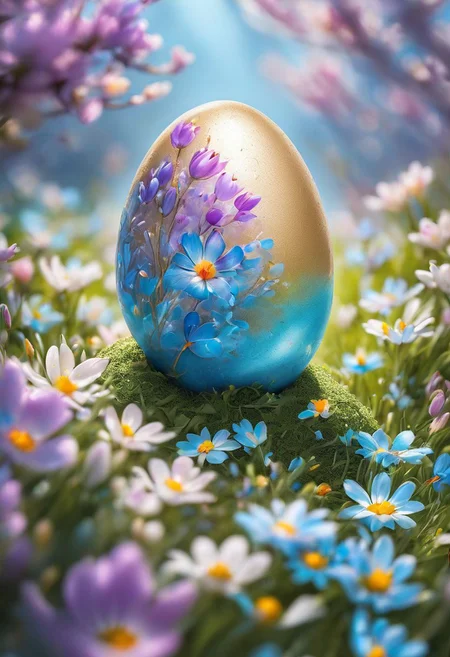 blue Easter egg embodying the concept of rebirth, cracked surface revealing emerging, pastel colors dominate the scene, backlight casting a heavenly glow, nestled in a bed of vibrant spring flowers, soft-focus background, bokeh effect, natural light, ultra-fine details, digital painting.