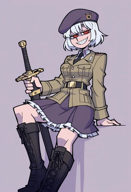 masterpiece, best quality, aesthetic, colorful, vanripper, BREAK, 1girl, solo, (tall, slanted eyes, red eyes, white hair, khaki military jacket, black belt, gold buckle, frilly skirt, closed jacket, white shirt collar, black tie, purple skirt, tall boots, black footwear,) evil smile, grin, lavender beret, military beret, sitting, holding sheathed sword, simple background,