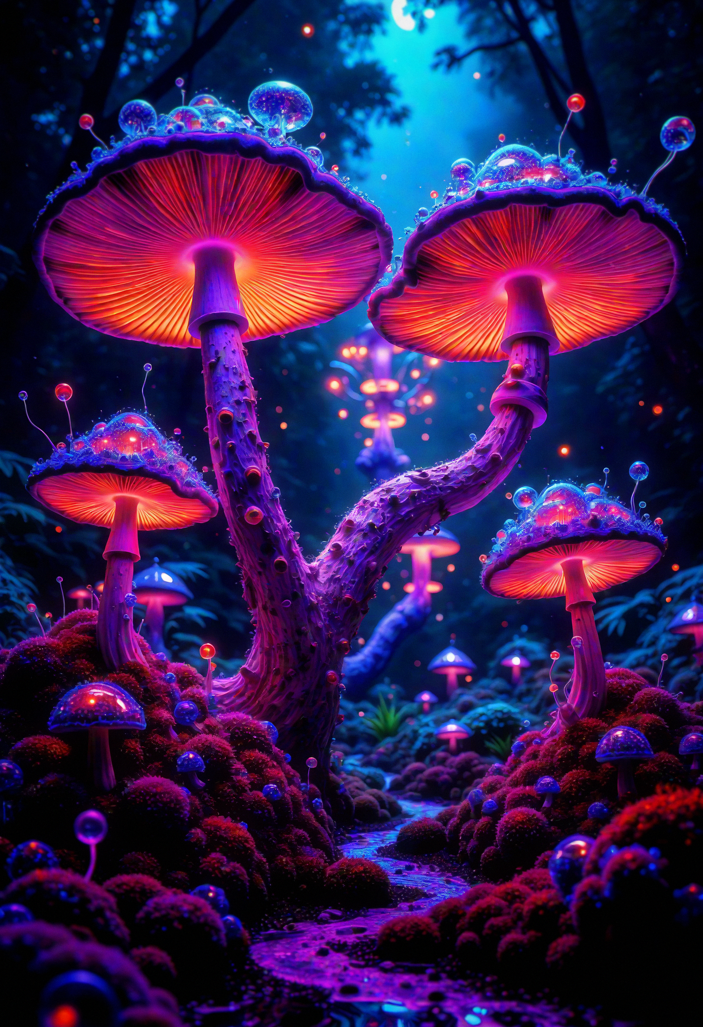 surrealist art A glowing forest of giant mushrooms with transparent caps, their stems twisting into fractal patterns. Neon-colored spores float through the air, bending light as they drift, while the mushrooms pulse with bo-psychedelic energy, warping reality around them.     , professional studio quality hyperdetailed masterpiece,Prominent Grain . dreamlike, mysterious, provocative, symbolic, intricate, detailed, <lora:Flux\boFLUX Psychedelic Surrealism v1.safetensors:1.0:1.0>