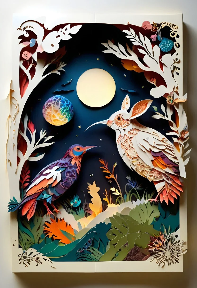 3D papercut shadow box of a parallel universe where animals have evolved to use technology, Patchwork Style, layered, dimensional, depth, silhouette, shadow, handmade, by various contemporary artists.
concept-art, fantasy, epic, majestic, magical, dreamy, perspective, light and shadow, moody, epic,
beautiful, painterly, aesthetic, textural, vivid, vibrant, intricate details, highly detailed, ultra-detailed, absurdres,
aid291, ptchkrawk , Jed-pprct