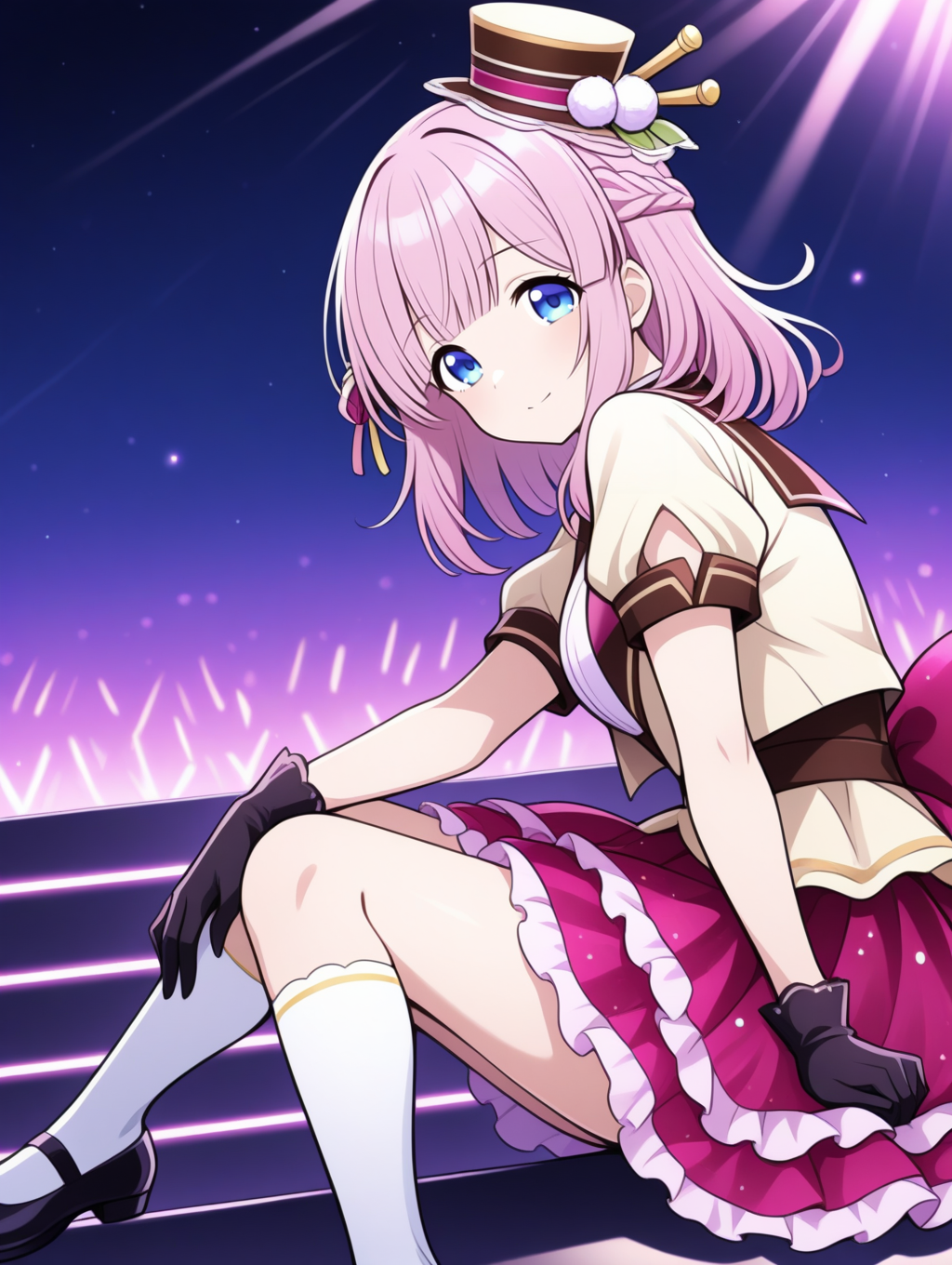 perfect quality,best quality,absolutely eye-catching,ambient occlusion,raytracing BREAK
1girl,<lora:miki utahosi IL v1.1:0.8>,utahosi,pink hair,medium hair,blue eyes,hat,hair ornament,idol,alternate costume,short sleeves,frilled skirt,kneehighs,mary janes,black gloves,solo,, from side, looking at viewer,medium_shot,closed mouth,hands_clasped,arms_at_sides,hand_on_own_knee,