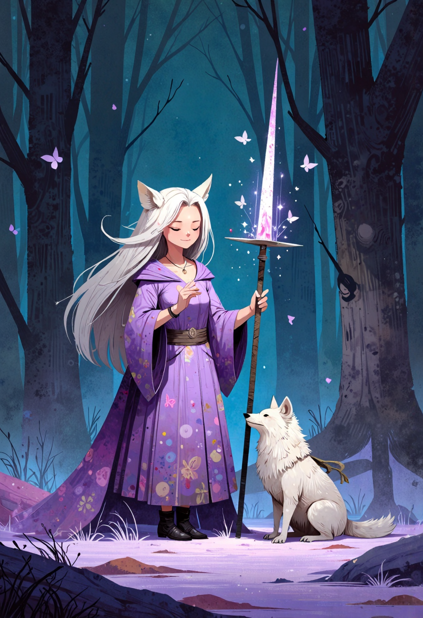 ppstorybook,A gentle sorceress with flowing lavender robes, surrounded by glowing butterflies, holding a staff that radiates magical energy, with a loyal wolf at her side, painted in a soft, ethereal fantasy style with glowing accents.