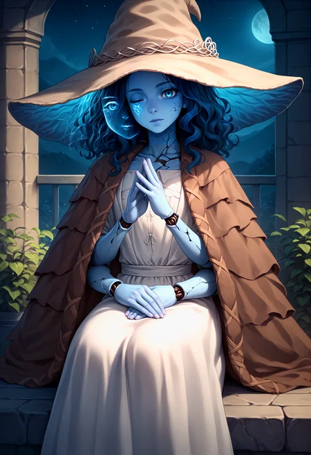 score_9, score_8_up, score_7_up, source_anime, 1girl, <lora:Ranni_XLPD_CAME:1>, IncrsXLRanni, wavy hair, cracked skin, colored skin, blue skin, (extra faces), extra arms, doll joints, white dress, hat, brown cloak, cowboy shot, sitting, own hands together, dark enviroment, dark, night,