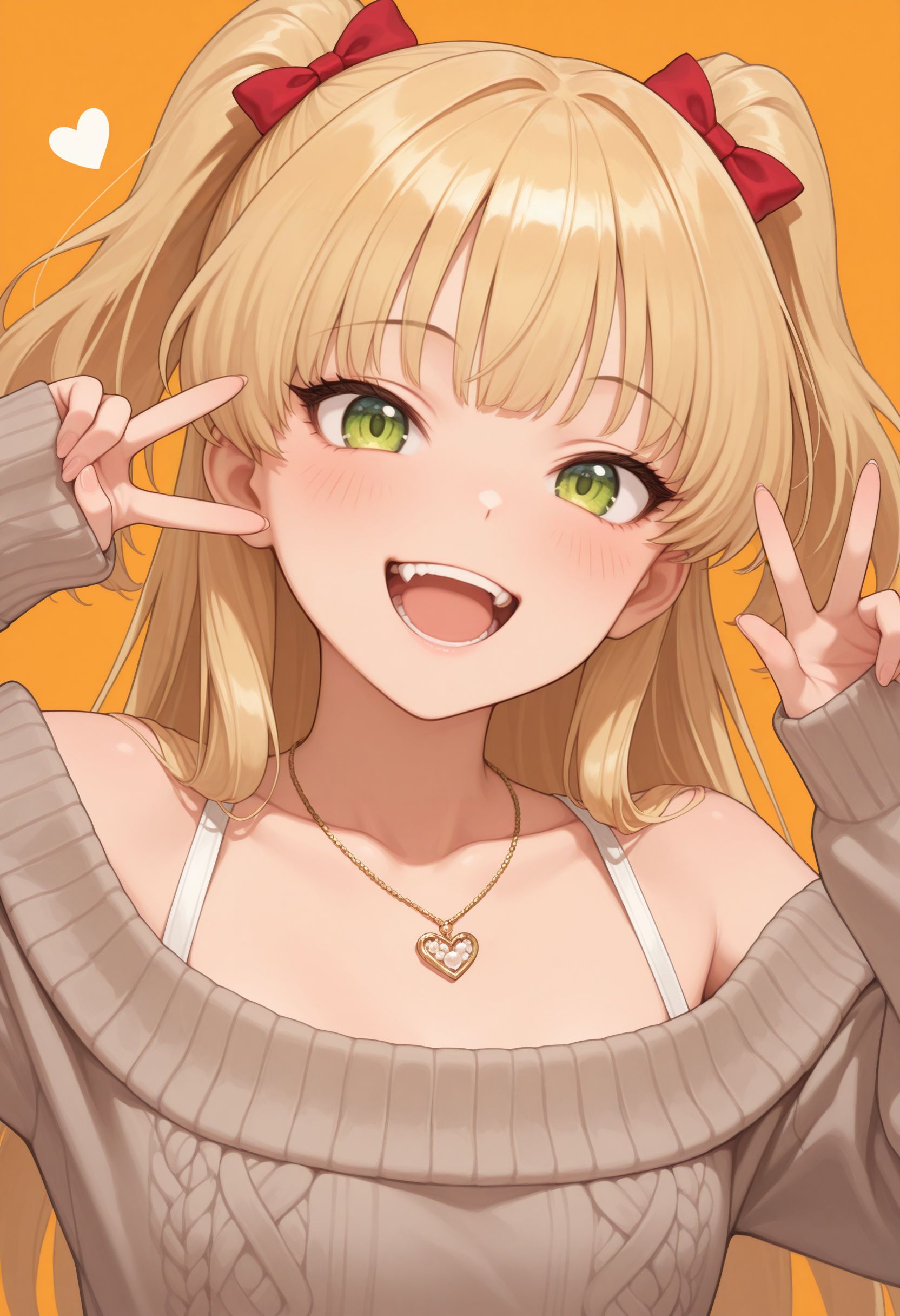masterpiece, best quality, amazing quality, very awa,absurdres,newest,very aesthetic, looking at viewer, looking at viewer, smile, , 
<lora:Jougasaki Rika illu:1> ,  1girl, double v, long hair, green eyes, blonde hair, open mouth, jewelry, smile, blush, looking at viewer, necklace, hair bow, two side up, off-shoulder sweater, off shoulder, long sleeves, upper body, heart, :d, collarbone, red bow, teeth, simple background, bare shoulders, orange background, sleeves past wrists, fangs, arm up