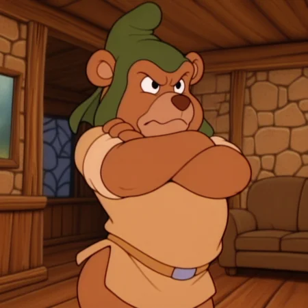 masterpiece, best quality, amazing quality, gruffi, male, furry male, anthro, solo, bear, brown fur, black eyes, tan muzzle, brown nose, paw pads, short, green hat, brown shirt, brown belt, standing, arms crossed, serious, indoors, living room