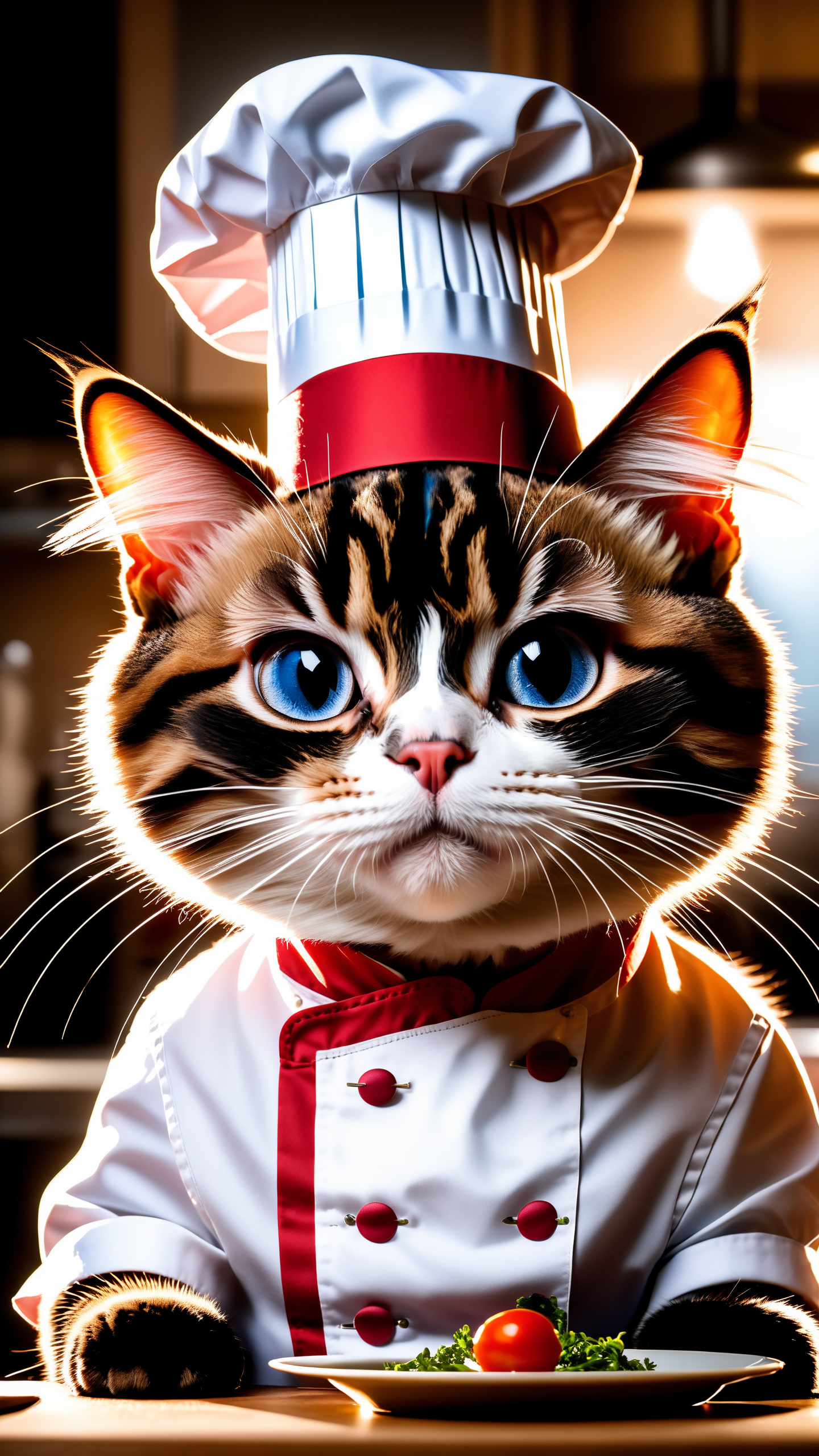 a cat, ((chef outfit)), epic scene, dynamic camera, backlight, (close up:1.2), high quality photography, 3 point lighting, flash with softbox, 4k, Canon EOS R3, hdr, smooth, sharp focus, high resolution, award winning photo, 80mm, f2.8, bokeh, detailed, realistic, 8k uhd, high quality