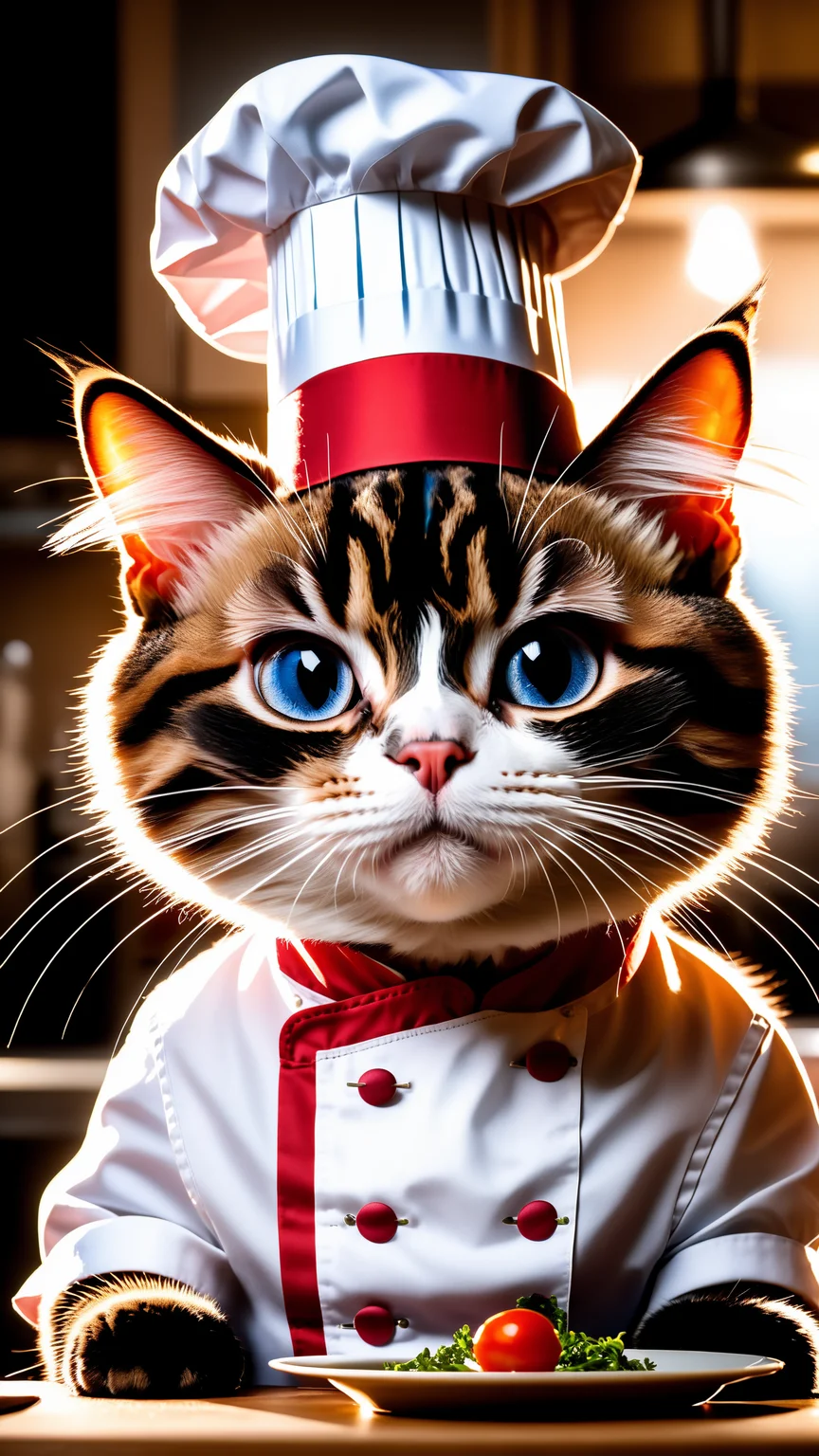 a cat, ((chef outfit)), epic scene, dynamic camera, backlight, (close up:1.2), high quality photography, 3 point lighting, flash with softbox, 4k, Canon EOS R3, hdr, smooth, sharp focus, high resolution, award winning photo, 80mm, f2.8, bokeh, detailed, realistic, 8k uhd, high quality