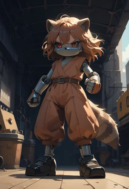 score_9, score_8_up, score_7_up, (best quality:1.1), ultra-detailed, high resolution, 8K, ((tall, 6ft tall, no mouth)), Metal Raccoon, robot, brown beige metal skin, black sclera, red pupils, pointy metal nose, gray claws, green core, black shoes, fist, battle stance, arms at sides, floating, factory, fluffy raccoon tail, BREAK outside, Rich, Detailed background, ambient light