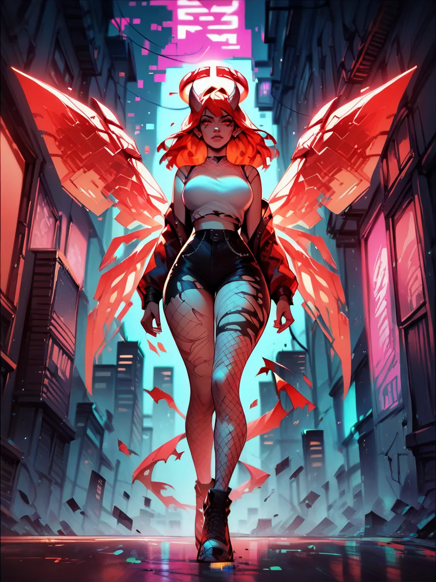 score_9, score_8_up, score_7_up, score_6_up, score_5_up, <lora:g0th1c2XLP:1> g0th1c, red hair, curvy, glowing, full body, city, neon, fishnets, cyberwings, (glitch), torn clothes, horns, halo,