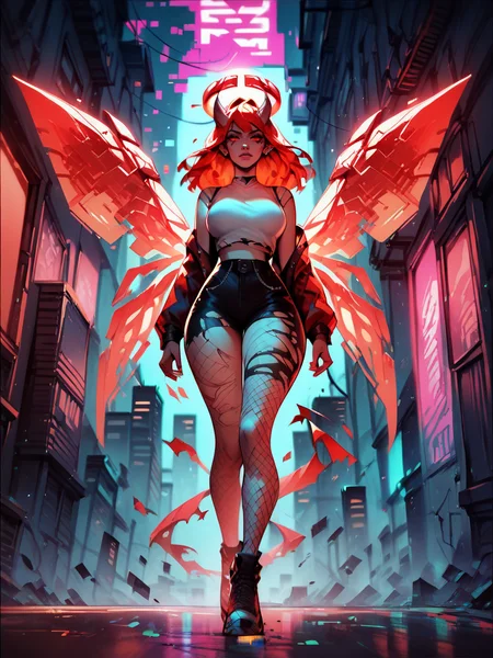 score_9, score_8_up, score_7_up, score_6_up, score_5_up,   <lora:g0th1c2XLP:1> g0th1c, red hair, curvy, glowing, full body, city, neon, fishnets, cyberwings, (glitch), torn clothes, horns, halo,