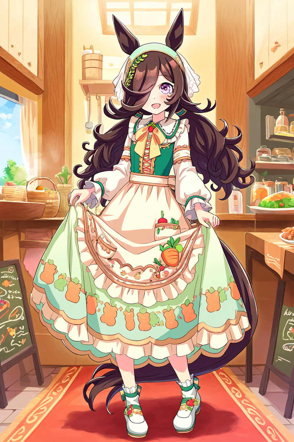 masterpiece,best quality,very aesthetic,absurdres,highres,newest,official art,official style,
1girl,solo,
rcs ydf,rice shower (umamusume),rice shower (yummy dreamy fairy) (umamusume),
alternate costume,alternate hairstyle,animal ears,apron,blush,brown hair,dress,green dress,
hair ornament,hair over one eye,horse ears,horse girl,horse tail,long hair,long sleeves,
low twintails,official alternate costume,official alternate hairstyle,print dress,tail,
twintails,violet eyes,
standing,full body,
<lora:umamusume_rice_shower2_ill_v1.0:1>,