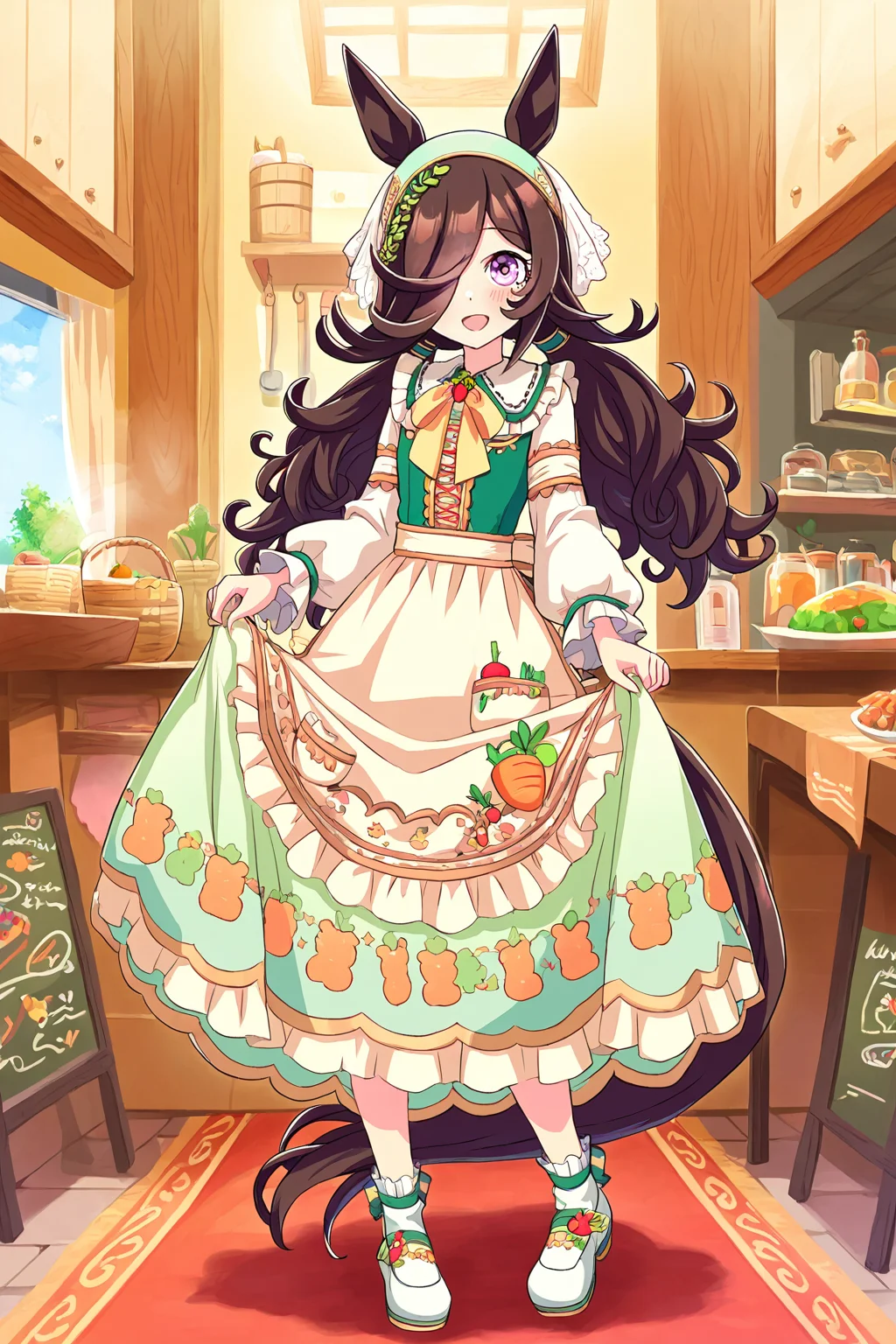 masterpiece,best quality,very aesthetic,absurdres,highres,newest,official art,official style,
1girl,solo,
rcs ydf,rice shower (umamusume),rice shower (yummy dreamy fairy) (umamusume),
alternate costume,alternate hairstyle,animal ears,apron,blush,brown hair,dress,green dress,
hair ornament,hair over one eye,horse ears,horse girl,horse tail,long hair,long sleeves,
low twintails,official alternate costume,official alternate hairstyle,print dress,tail,
twintails,violet eyes,
standing,full body,
<lora:umamusume_rice_shower2_ill_v1.0:1>,
