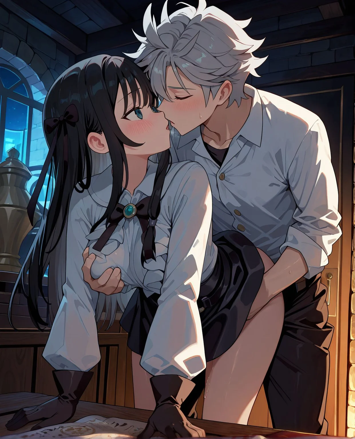 masterpiece,best quality,amazing quality,very aesthetic,absurdres,newest, huge filesize,
<lora:spo_sdxl_10ep_4k-data_lora_webui:0.5>,anime coloring, anime screenshot, flat color,
<lora:add-detail-xl:1>
1girl,1boy,hetero,sex from behind, imminent kiss, doggystyle,
(front view:1.4),grabbing another's breast,
<lora:girumasu:1>girumasuV1,
skirt,
long hair,shirt,
white shirt,
black skirt,black hair,
g_alina,
g_jade,gloves,
grey hair,
Adventurer's Guild Document Counter,work overtime,
dark theme,night,