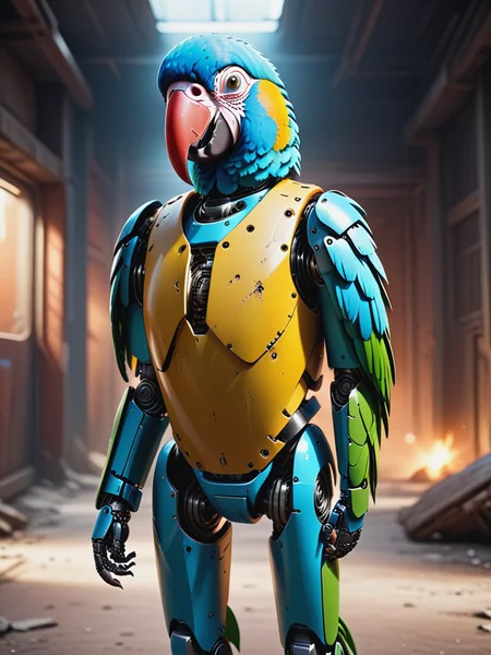 ((( realism film scene still of a old rugged paint, looking back, (techmaker roboparrot:1.5) power arms suit, looking at viewer, glowing , cyberpunk, light hologram bodysuit:1.3, spine
<lora:TechMaker_v1-e6:1>, grit, (rust:0.65), cracks, cracked surface, subtle messy, dust, weary, edges rusty dusty, surface scratches, peeled sun bleeched paint, smudges, crumbles, rugged, used, absurdres, detailed, macro details, 8k, hyper realistic, texture surface details))) !