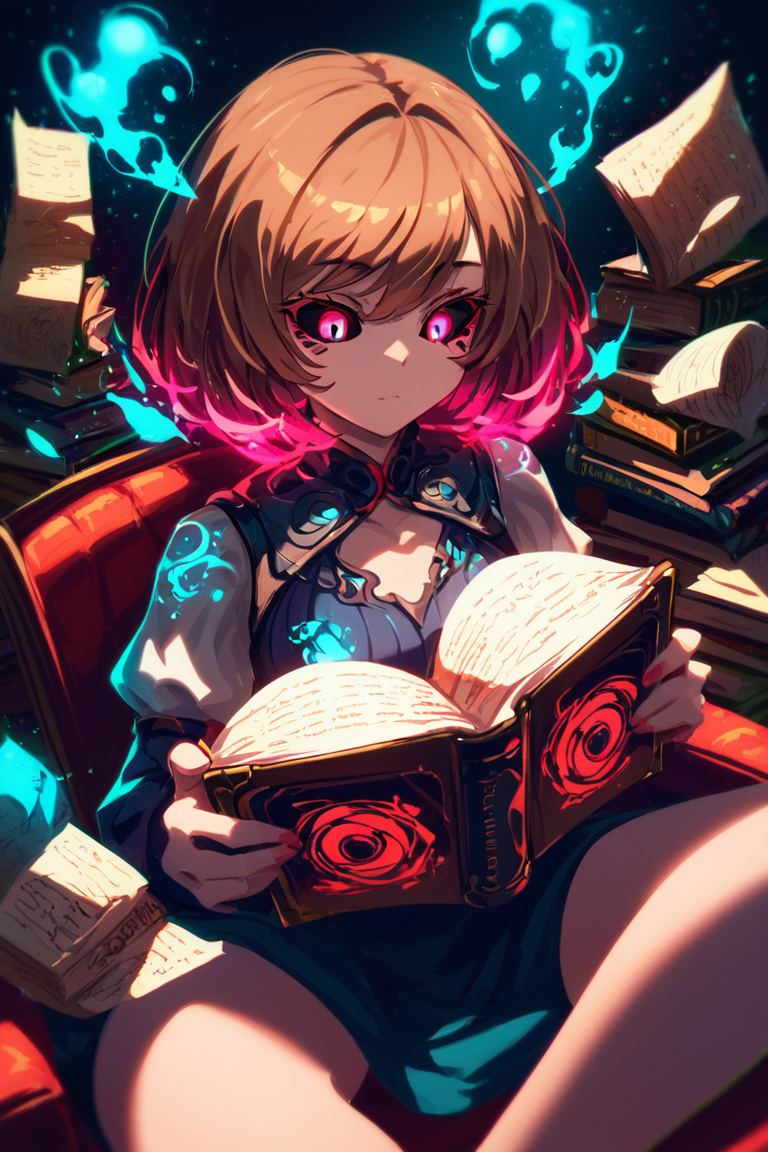 PDXL,  <lora:BerryVerrineV2:0.7>, b3rryv3rr1ne, 
1girl, cute face, detailed eyes, 
brown short hair, glowing
red eyes, black sclera,  
sitting on a chair, reading a book