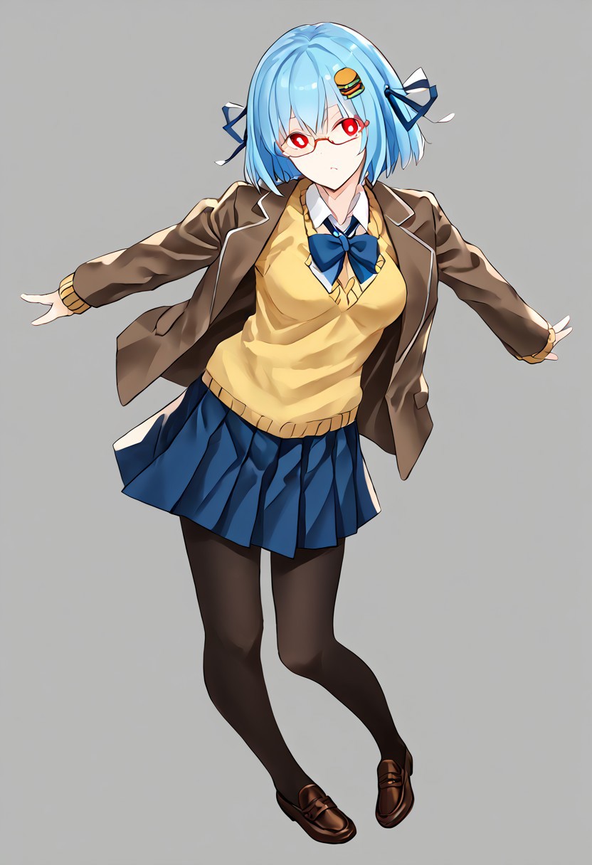 score_9, score_8_up, score_7_up, score_6_up, score_5_up, score_4_up, source_anime, 1girl, solo, 
hamburger-chan_\(hundredburger\), food-themed hair ornament, hair ribbon, glasses, hair ornament, red eyes, semi-rimless eyewear,under-rim eyewear, red-framed eyewear, breasts,rectangular eyewear, blue hair, short hair,bangs,white pupils, solid circle eyes, skirt, pantyhose,blue ribbon, blue skirt, blue hair, blue bowtie, short hair, pleated skirt, long sleeves, bowtie, bow, blue bow,, school uniform, yellow sweater, loafers,brown jacket, 
masterpiece, best quality, very aesthetic, absurdres,